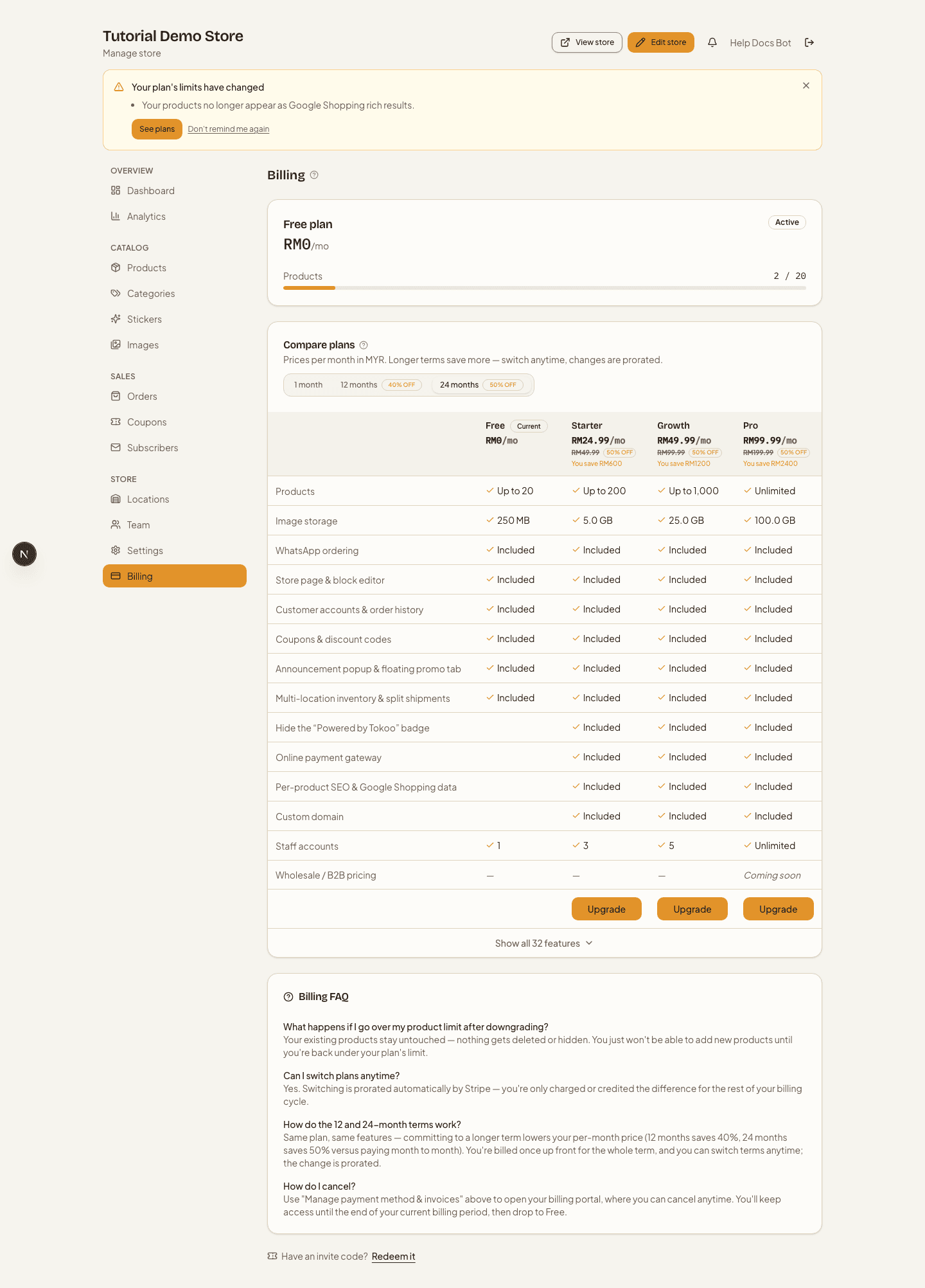 The Billing page's plan comparison table across Free, Starter, Growth, and Pro