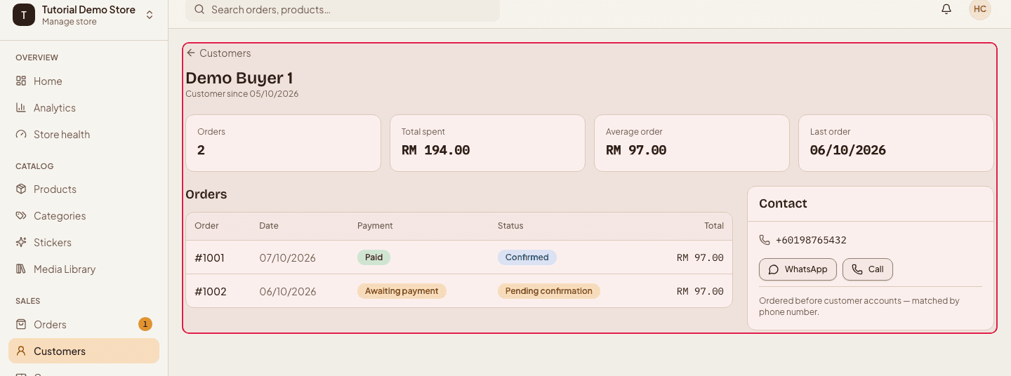 One customer: their order count, total spent, average order and every order they have placed