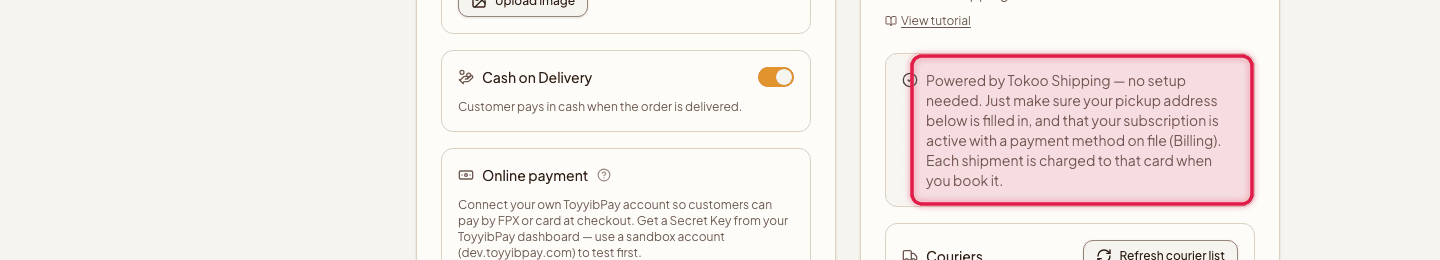 The Powered by Tokoo Shipping notice highlighted