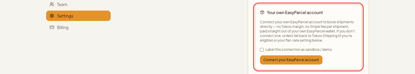 Settings → Checkout & delivery with the Your own EasyParcel account card highlighted