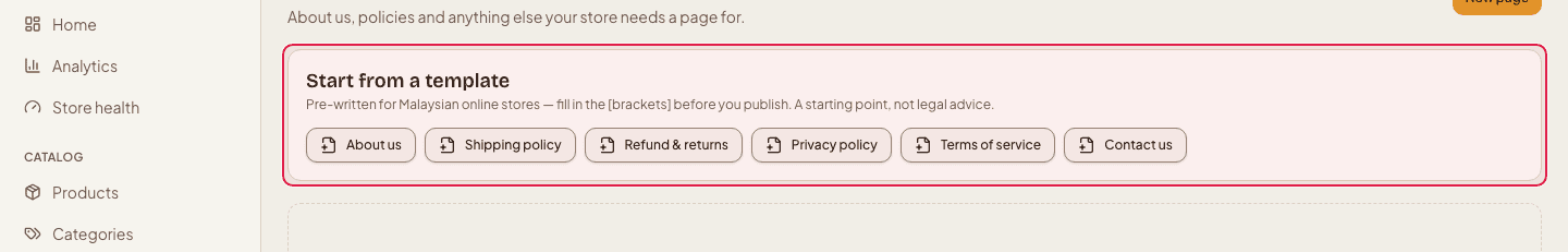 The Pages list with the ready-made templates: About us, policies, Contact us