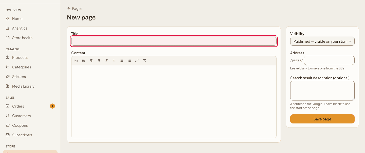 The page editor: title and content on the left, visibility, address and search description on the right