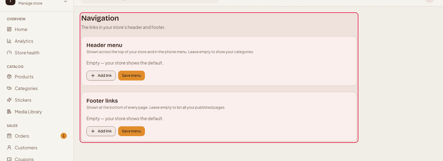 The Navigation page: the header menu above the footer links