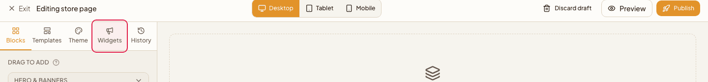 The store editor with the Widgets icon in the left toolbar highlighted