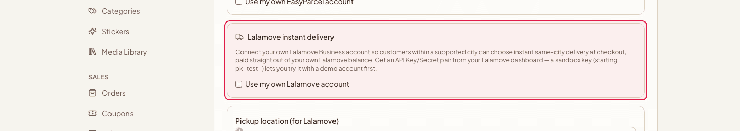 Settings → Delivery with the Lalamove connection section highlighted