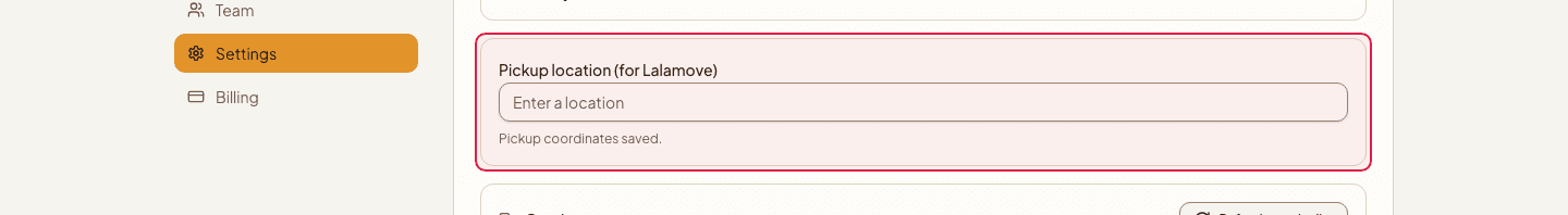 The pickup location used for Lalamove quotes, highlighted