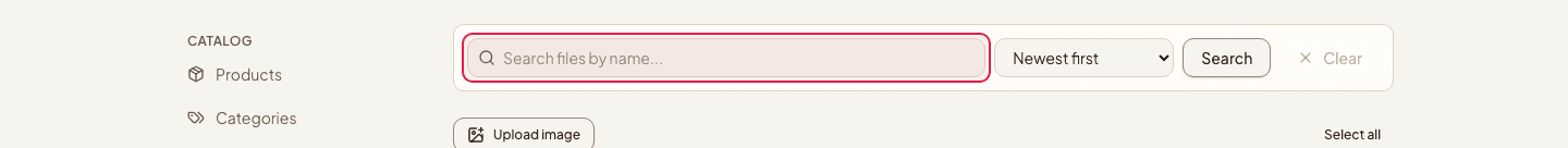 The search and sort controls above the image grid