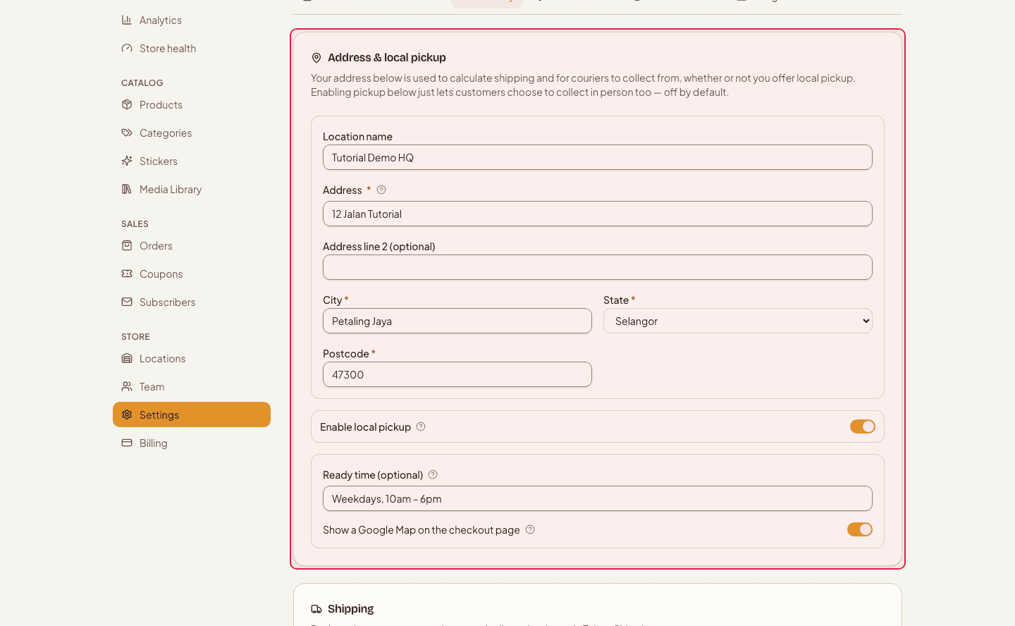 Settings → Delivery with the Address & local pickup section highlighted