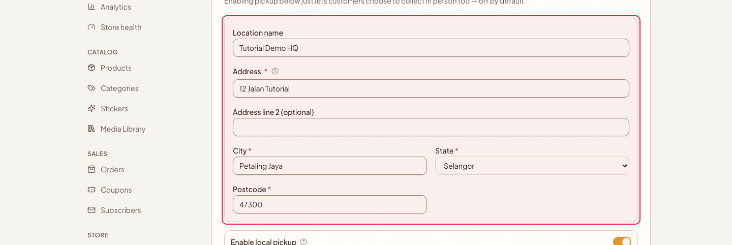 The pickup location name and address fields
