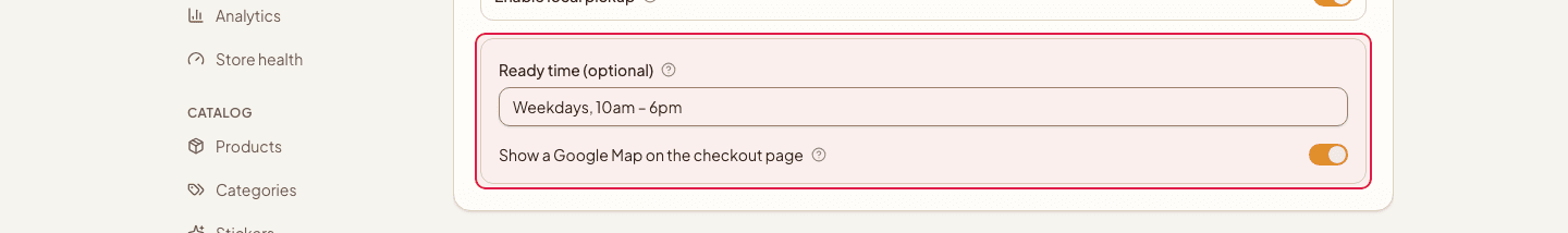 The pickup ready time and map options