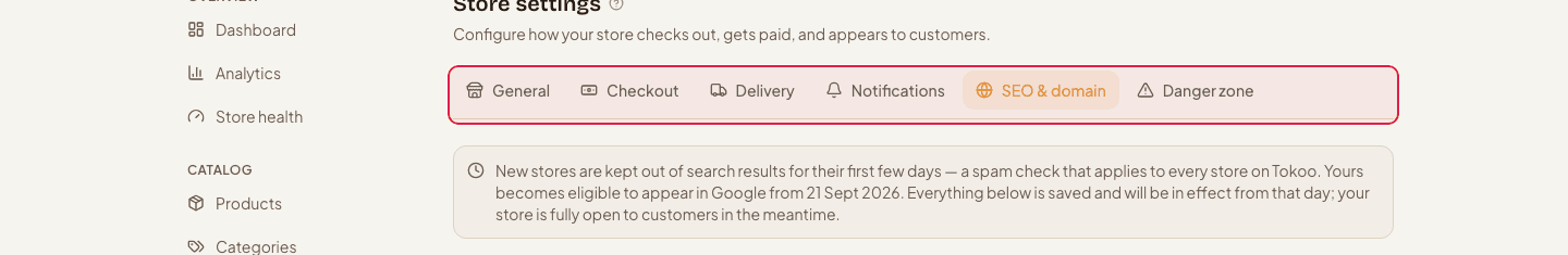 Store settings with the SEO & domain tab highlighted