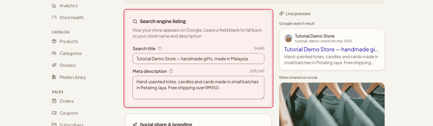 The Search engine listing section with the search title and meta description fields